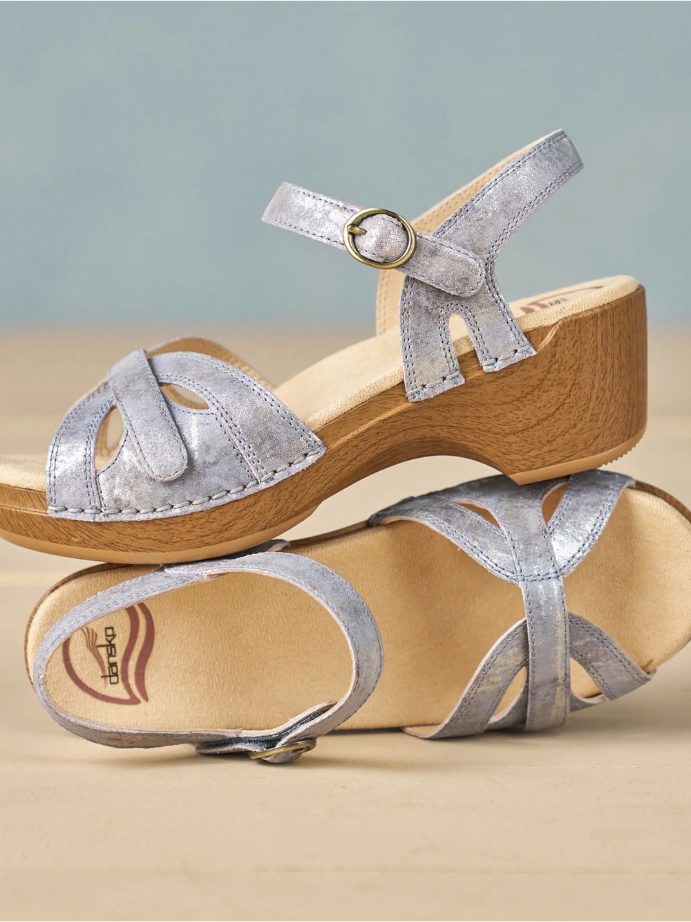 Dansko Metallic Silver Leather Wedge Sandals